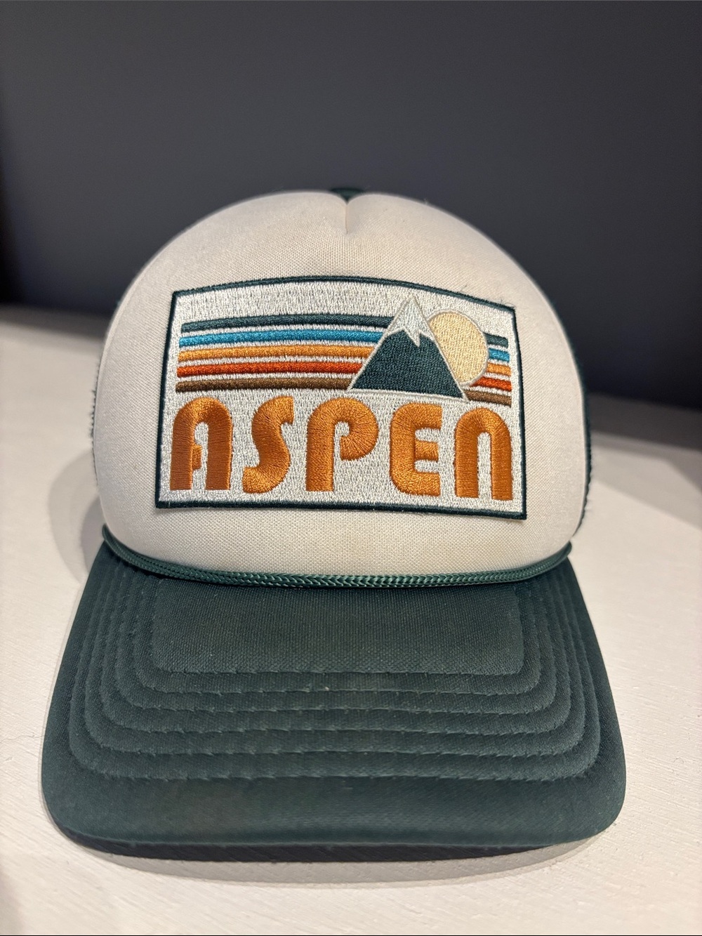Aspen (Kids size) Embroidered Trucker Hat in Cream and Green